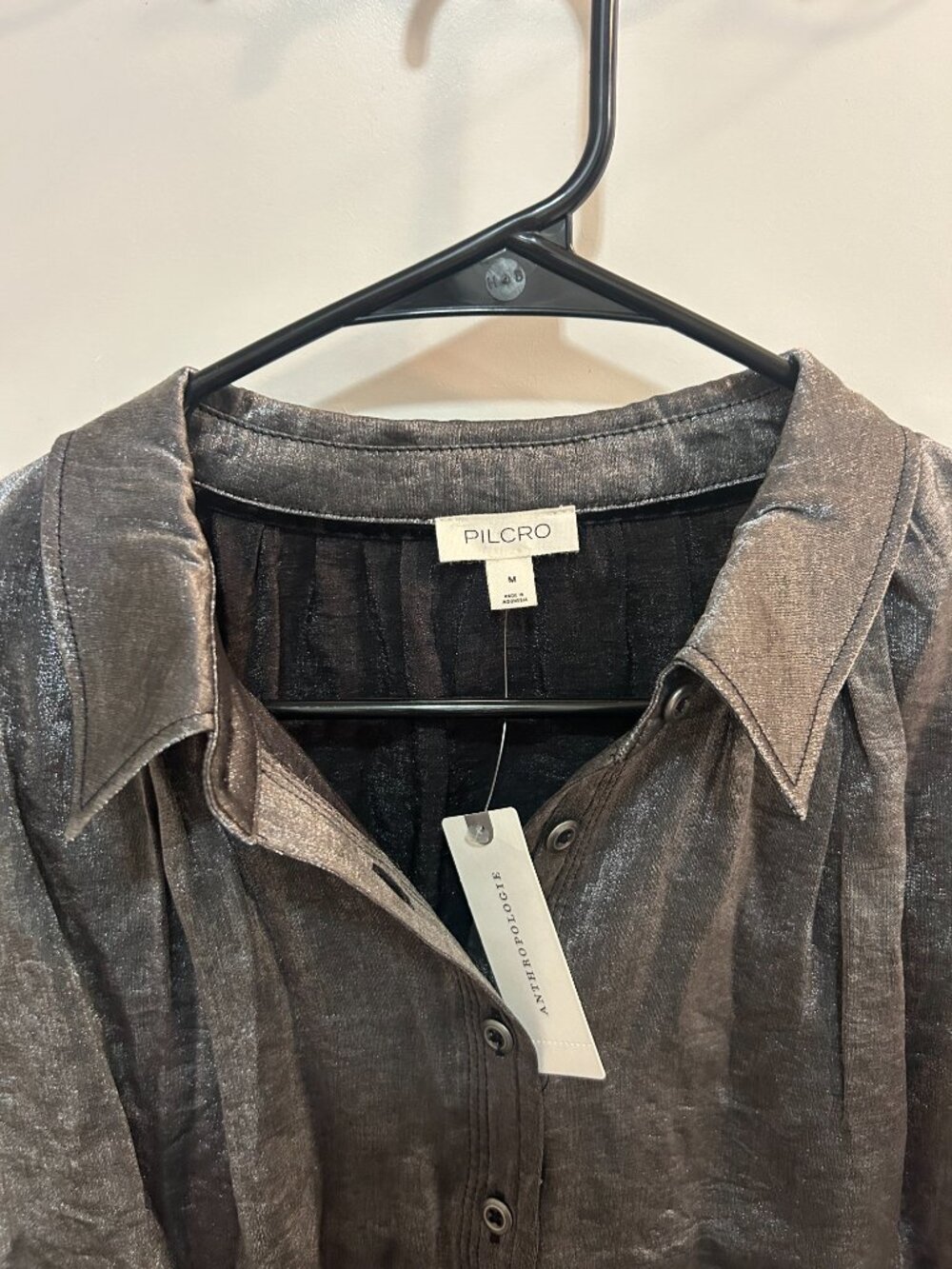 Pilcro Metallic Charcoal Satin Button-Down Shirt - Women Tops - Picture 9 of 11